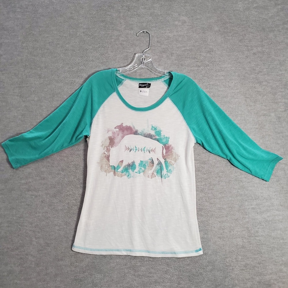 Cruel Women Top Medium Blue‎ Buffalo Baseball Tee Shirt 3/4 Sleeve
